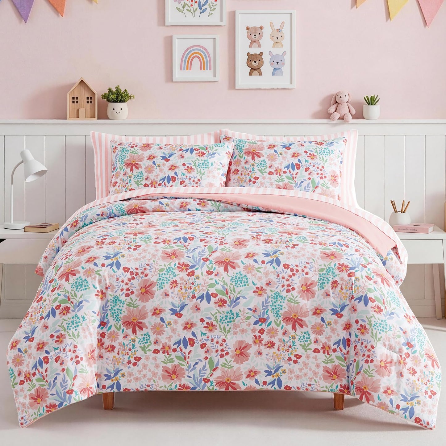 Kaleido Space Twin Comforter Set for Girls Kids - 5 Pieces Pink Flowers Patterns Twin Bedding Sets for Girls Teen, Soft Cozy Bed in a Bag with Sheets