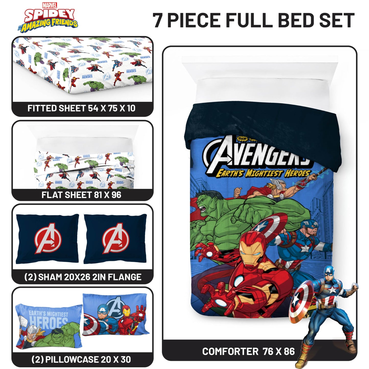Jay Franco Kids Bed Set, Blue, Avengers, 7 Piece Full