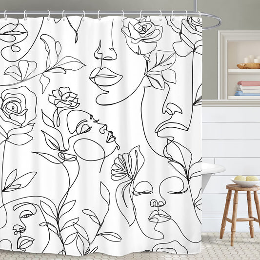 Yookeb Abstract Women Face Bathroom Shower Curtain 60W by 71H Inch Minimalist Modern Line Art Black White Rose Contemporary Polyester Fabric 12 Plastic Hooks Waterproof Decor