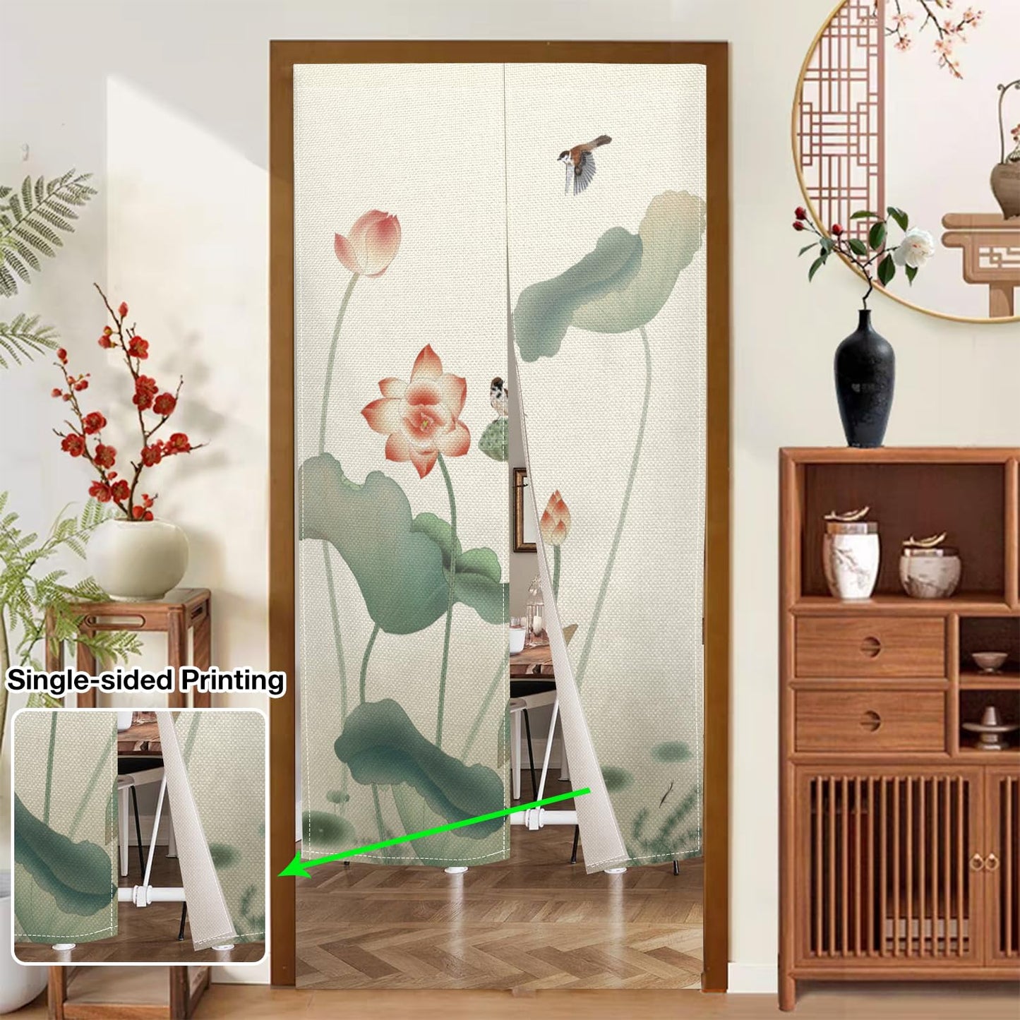 Leowefowa Japanese Noren Doorway Curtain Tapestry Traditional Lotus Bird Printed Window Treatment Polyester for Hanging Room Divider Home Decor Japanese Privacy Kitchen Door Curtains, 33.5"x 70.9"