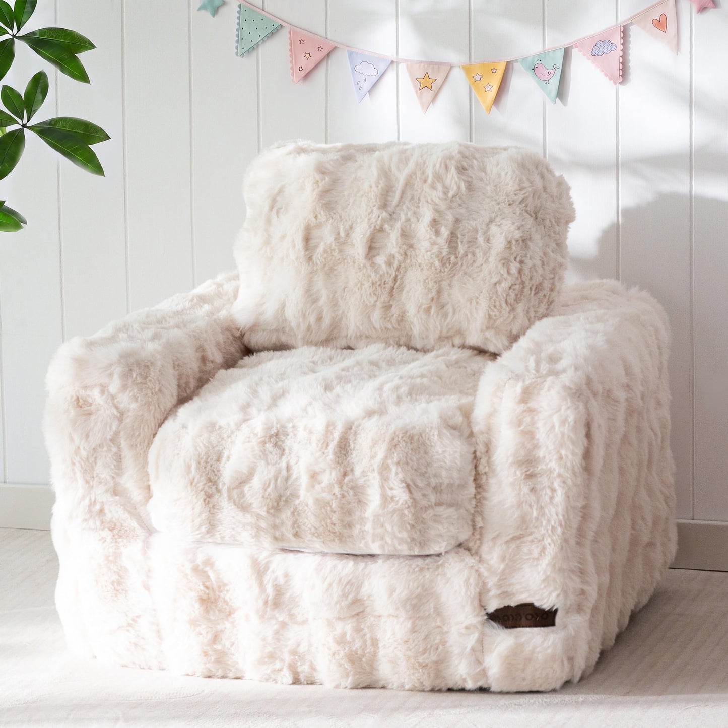 MAXYOYO Kids Bean Bag Chair, Comfy Bubble Fabric Bean Bag Sofa with Filler, Upholstered Floor Sofa with Pillows and Armrests, Lazy Floor Chair Couch for Boys and Girls, Beige, Single