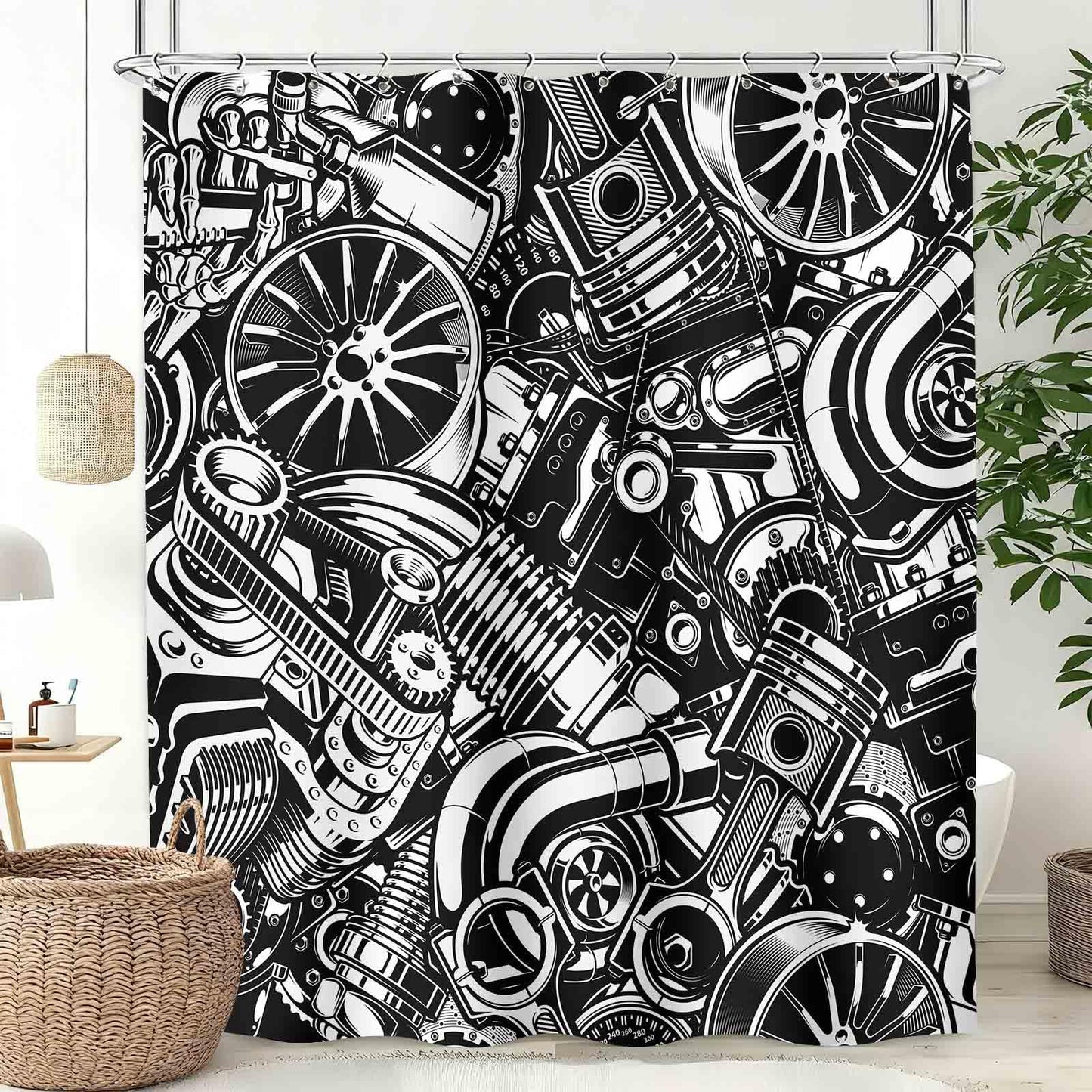 Lnepty Man Cave Shower Curtain,Retro Automobile Car Parts Engine Black White Vintage Boys Men Teen Bathroom Curtain Waterproof Fabric Machine Washable with Hooks,72x72Inch