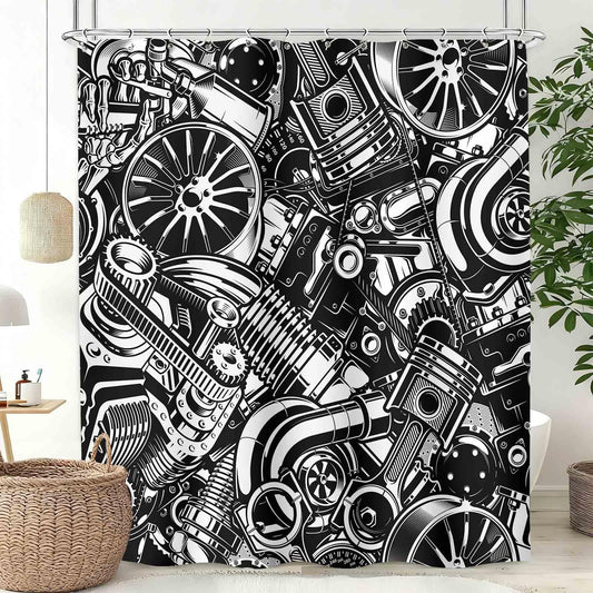 Lnepty Man Cave Shower Curtain,Retro Automobile Car Parts Engine Black White Vintage Boys Men Teen Bathroom Curtain Waterproof Fabric Machine Washable with Hooks,72x72Inch