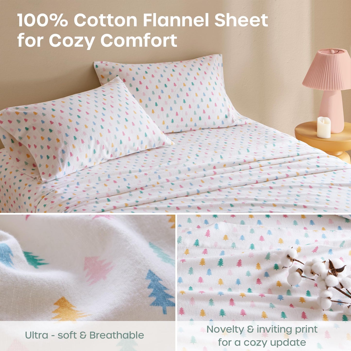 Intelligent Design Flannel Sheets Full, Cozy Soft 100% Cotton Flannel Bedding, Printed Warm Full Sheets Set, Ultra Soft Cold Weather Bed Sheet Set, Tree Block, 4 Piece