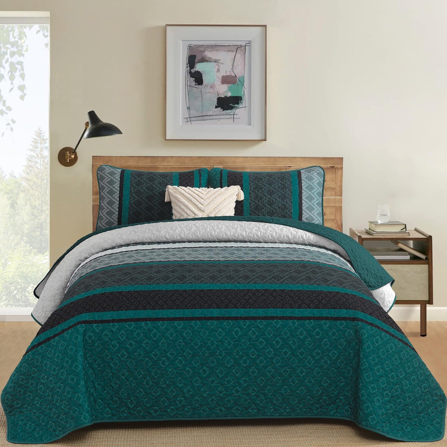 Dinjoy Boho Queen Quilt Set, Soft 3 Pieces Striped Bedspreads, Dark Green Bedding Sets Micofiber Lightweight Quilts with 2 Pillow Shams Coverlet Bed Sets for Women Men 96''x90''