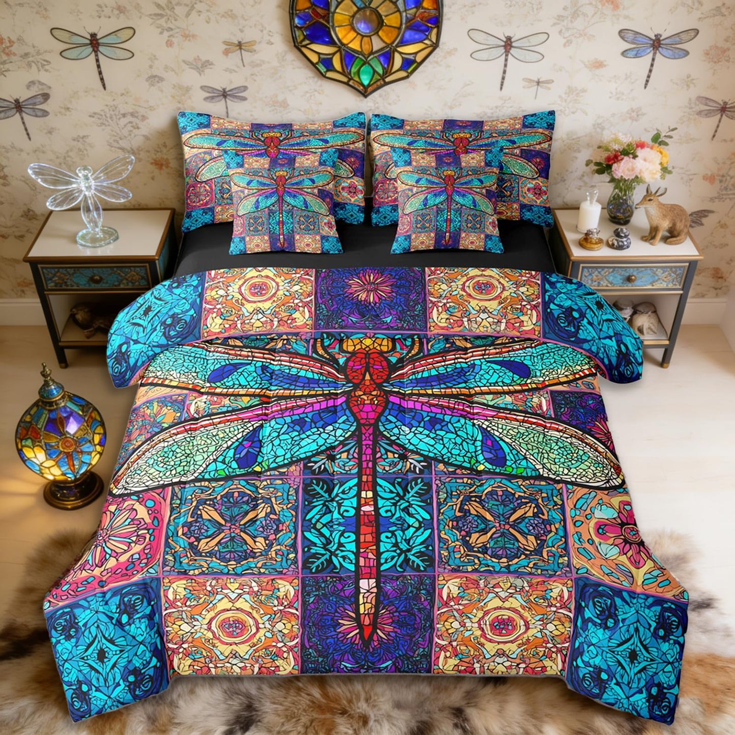 Erosebridal Dragonfly Bed in a Bag Queen Comforter Set 7 Piece | Rainbow Mandala Bedding Sets Exotic Bohemian Flower Comforter and Sheet Set, Colorful Medallion Nordic Damask Bed Sets