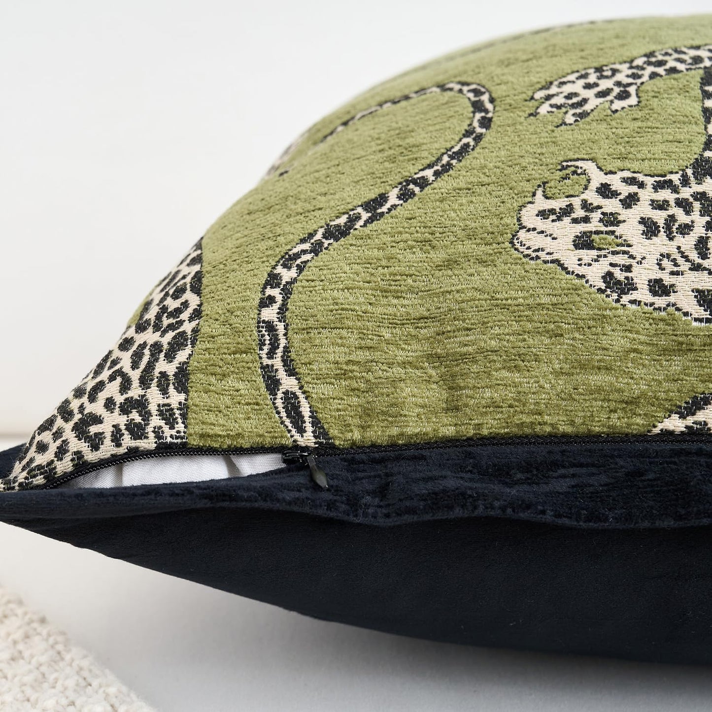 HERAYLI Premium Series, Snow Leopard Throw Pillow Covers, Animal Jacquard Cushion Cases for Home Decor, Chenille Velvet Double-Sided Designs, Dark Green, 18 x 18 inch, Covers Only