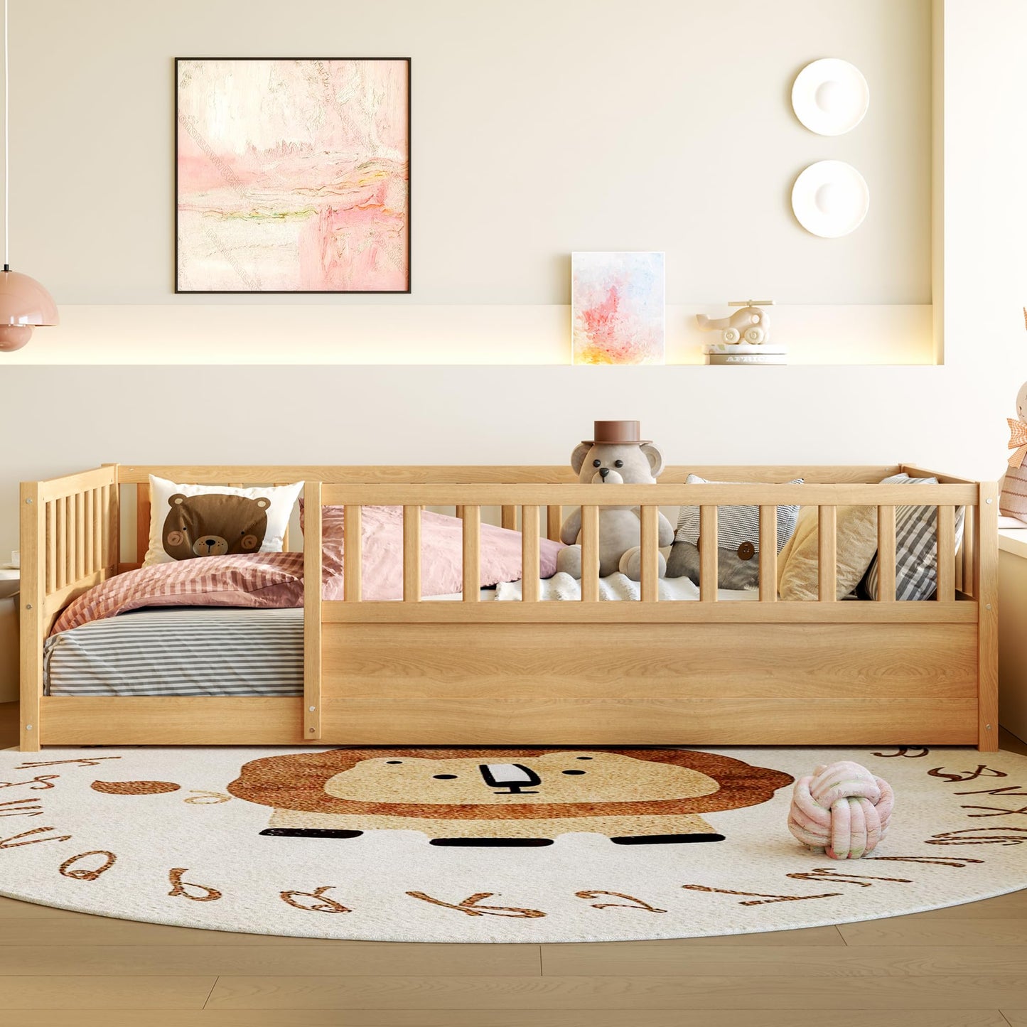 Leholume Twin Size Floor Bed with High Safety Guardrail - Solid Wood Low Profile Frame with Slats, Children's Floor Bed Frame, Easy Assembly for Kids, Natural