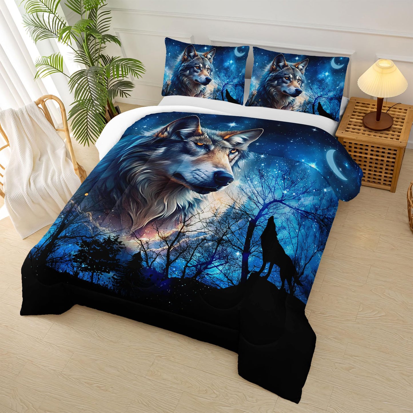 lneffble Wolf Comforter Set Twin for Boys Girls,Wolf Night Moon Galaxy Bed Set,Woodland Wild Animals Theme Comforter Set with 2 Pillowcase,Rustic Blue Black Bedding Set for Bedroom Decor