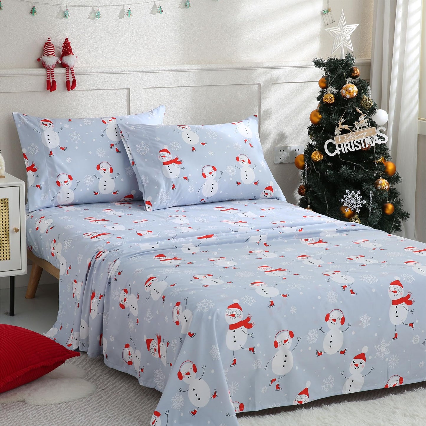 JSD Snowman Kids Sheet Set Twin Size, 3 Piece Blue Snowflakes Christmas Printed Microfiber Sheets Deep Pocket