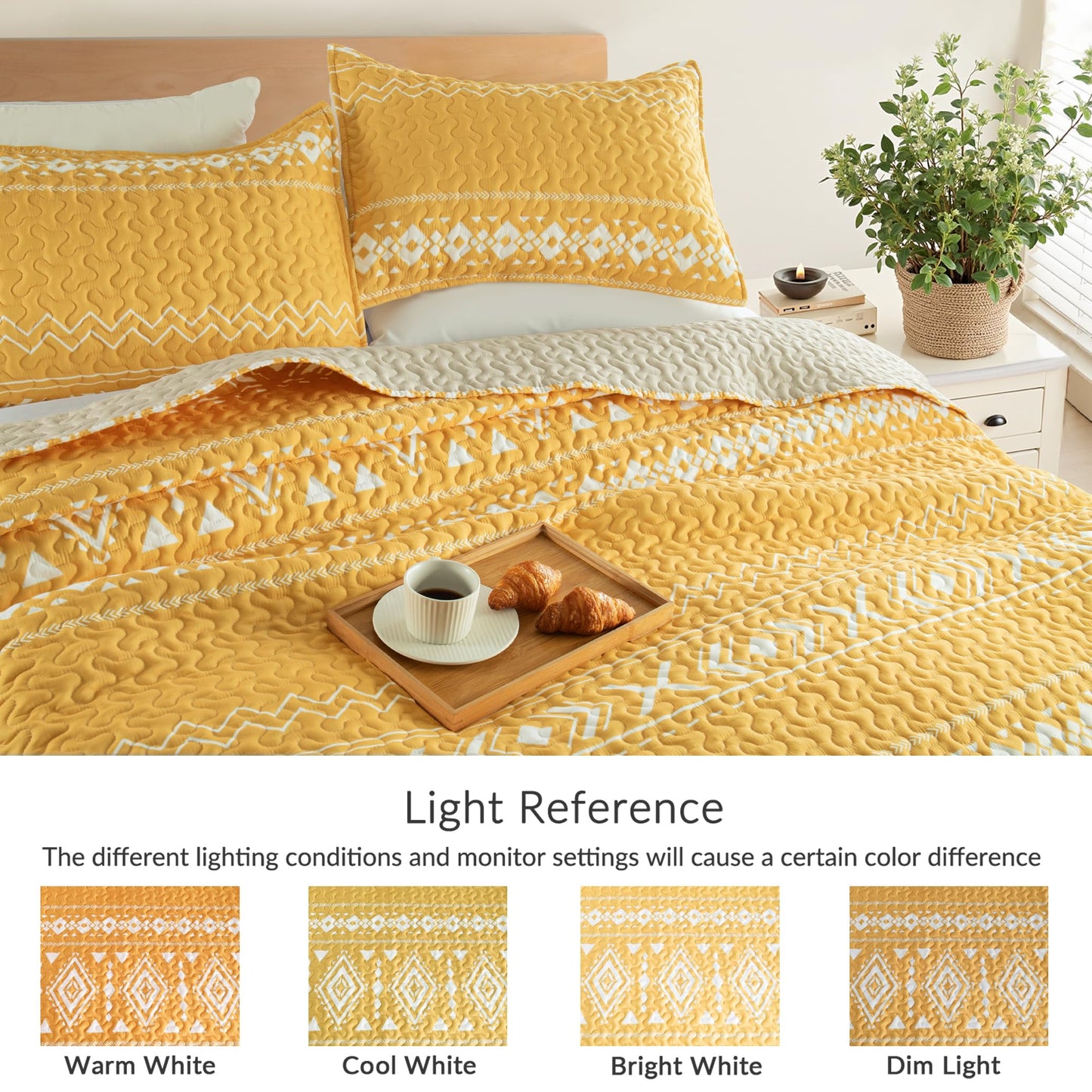 Whale Flotilla Full Queen Size Quilt Set - Reversible Yellow Quilts Queen Size with 2 Pillow Shams, Lightweight Boho Striped Bedspreads Coverlet Bedding Set for All Seasons