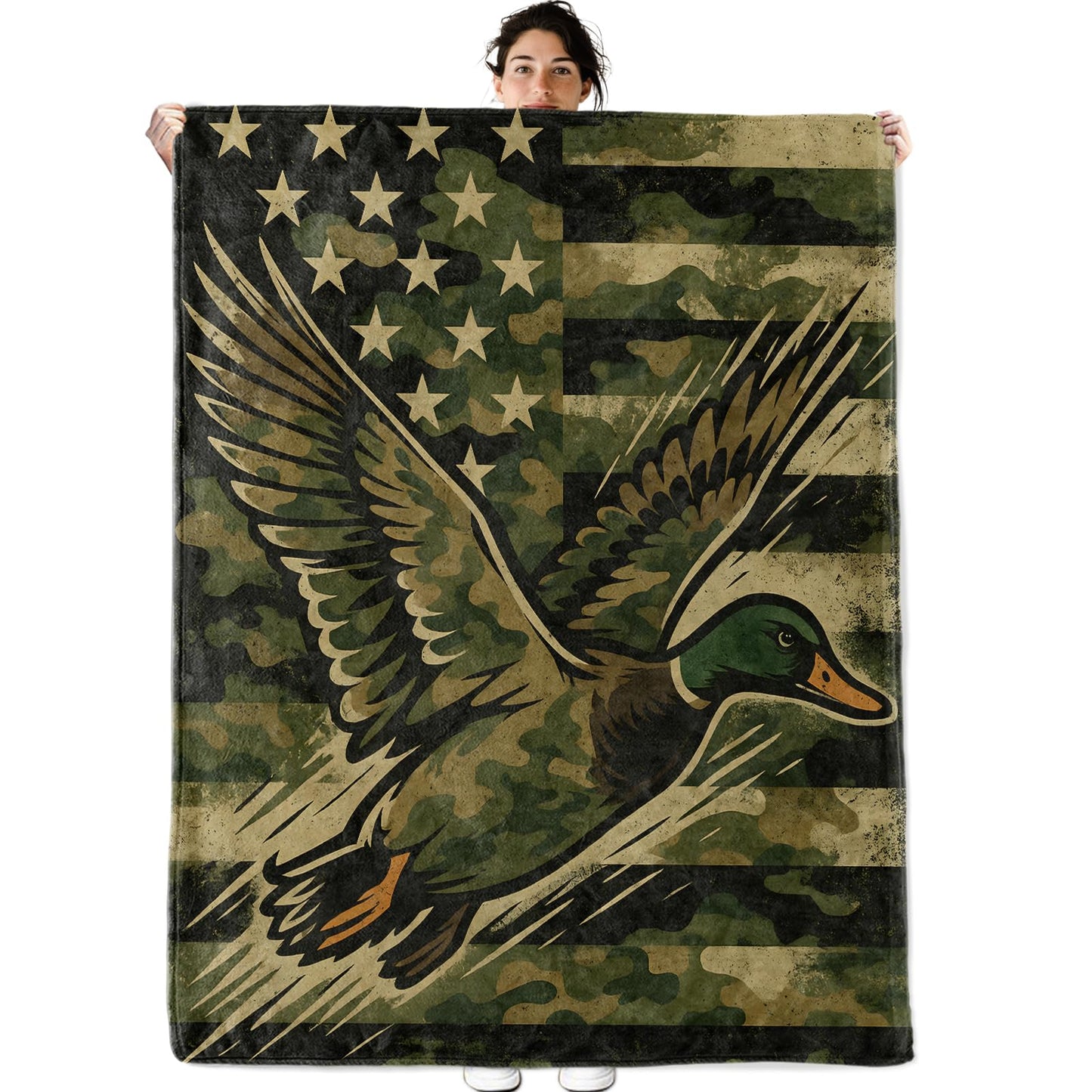 Camo Duck American Flag Fleece Blanket for Boys Girls Kids, Cozy Soft Patriotic Hunting Theme Blankets Gifts for Women, Adults, for Bedroom, Travel, Camping, Sofa, Room Decor 50x60 in