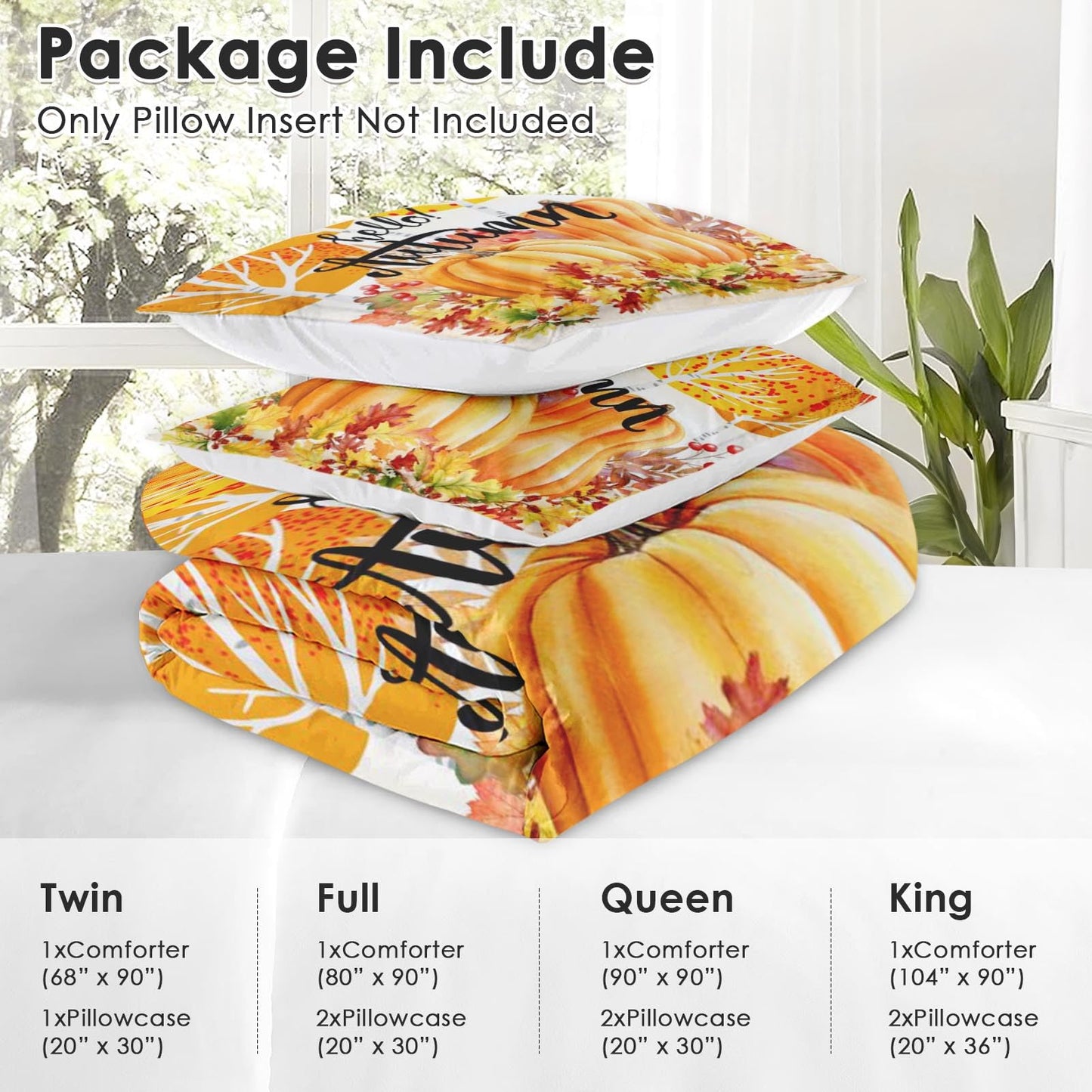 Nesphy Fall Pumpkin Botanical King Comforter Set, Autumn Painting Yellow Bedding Set 3 Piece, All Season Soft Toddlers Children Adults Bedroom Bed Decoration Comforter and 2 Pillow Shams