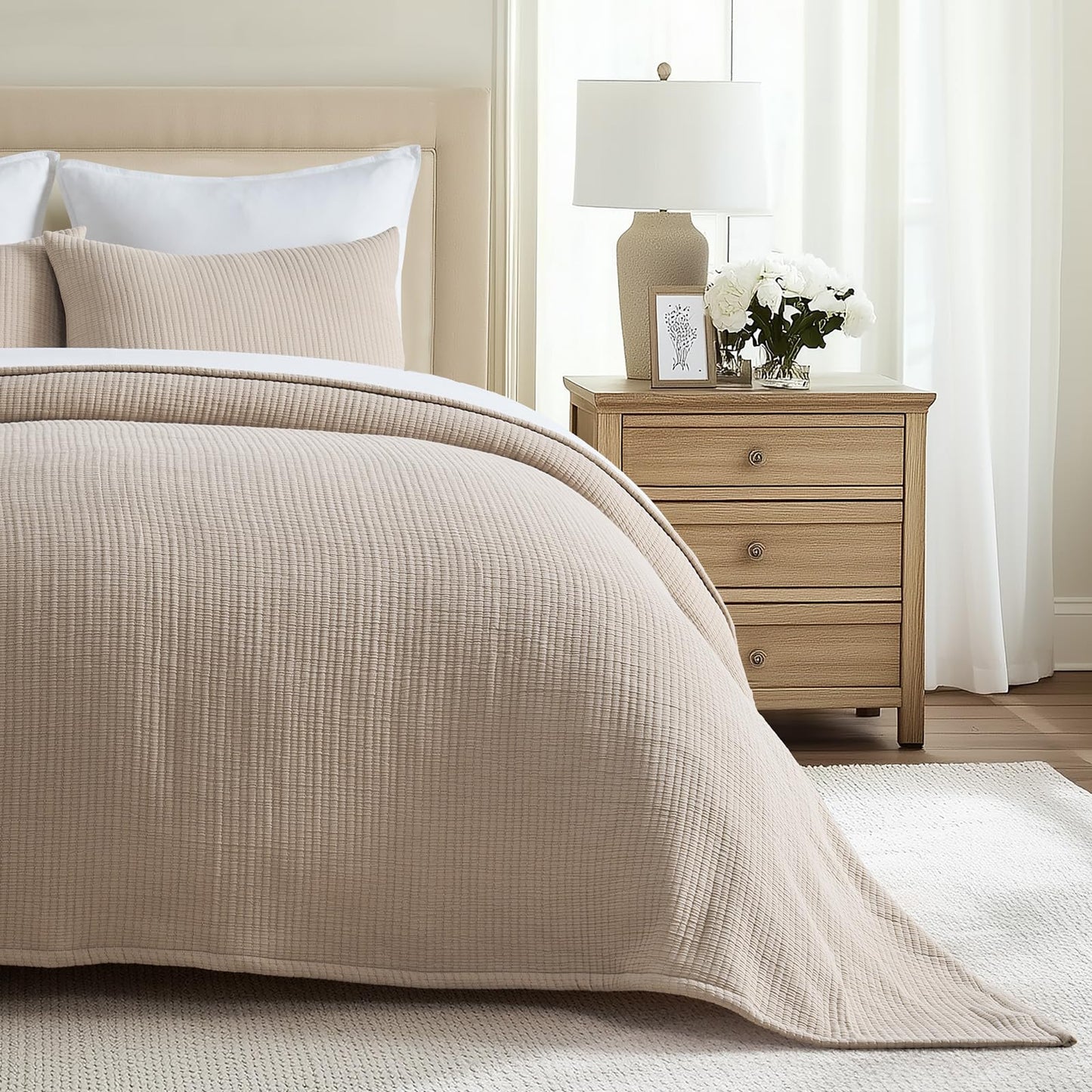 EVERGRACEHOME Cotton Gauze King Bedspread, Ultra Soft Prewashed Pick Stitch Matelassé Coverlet, Lightweight Textured Oversized King Quilt Bedding Set for All Season, with 2 Shams, Khaki Tan