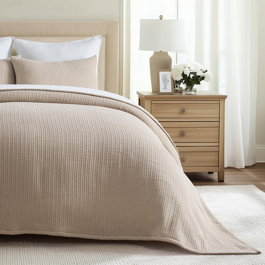 EVERGRACEHOME Cotton Gauze King Bedspread, Ultra Soft Prewashed Pick Stitch Matelassé Coverlet, Lightweight Textured Oversized King Quilt Bedding Set for All Season, with 2 Shams, Khaki Tan