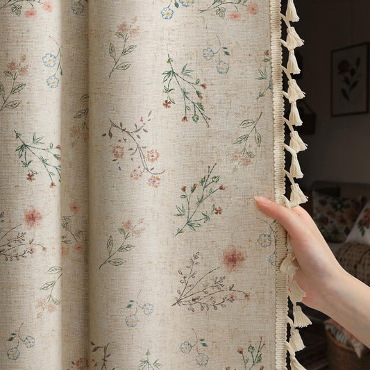 XOGUIBO Boho Floral 100% Blackout Curtains for Bedroom 84 Inch Length 2 Panels Set, Linen Texture Farmhouse Curtains Beige Tassel for Living Room Vintage Rustic Patterned Printed Western Rod Pocket