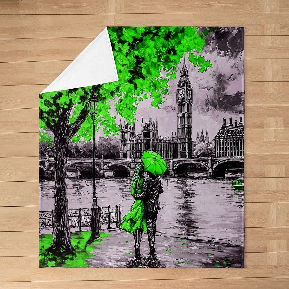 Erosebridal London Cityscape Artwork Flannel Blanket Throw 50x60 Inch Adults Oil Painting Big Ben Fleece Blanket for Women Romantic Couple Fuzzy Plush Throw Aesthetic Neon Green Cherry Blossom Decor