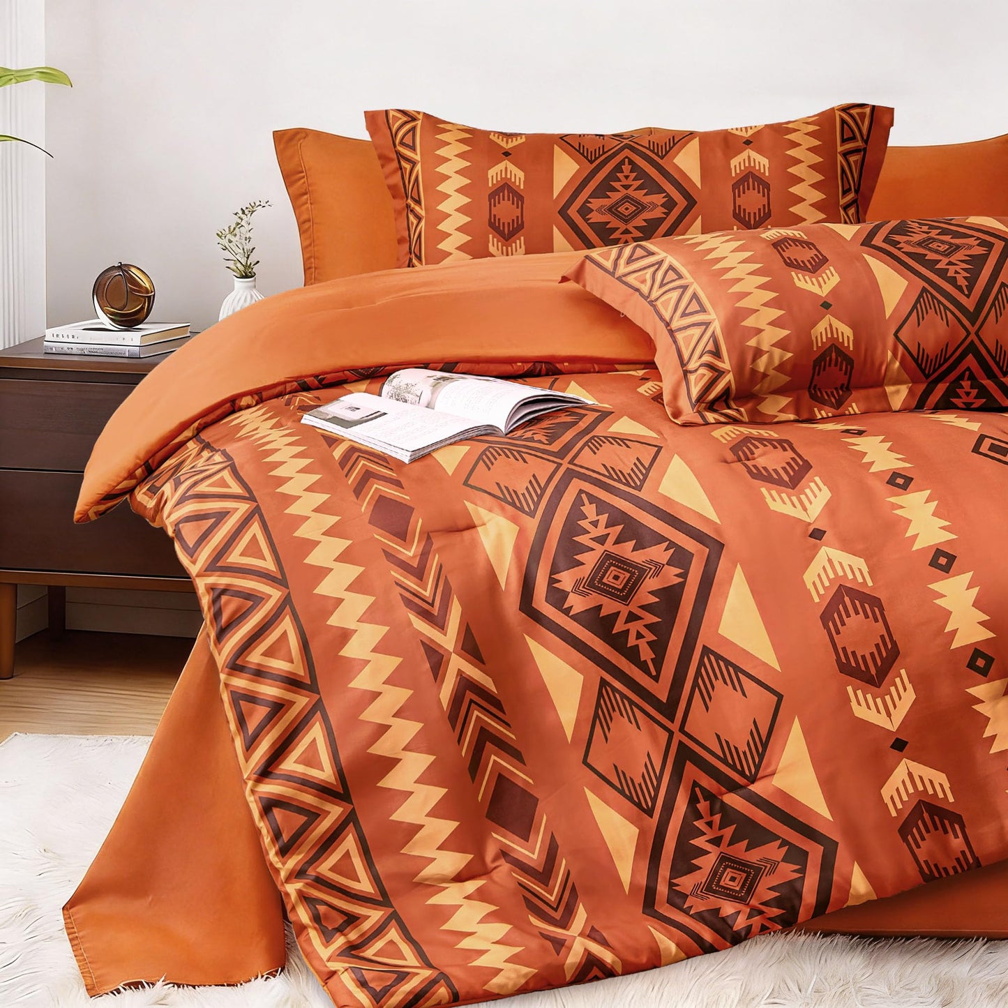 Tyrot King Comforter Set – 3 Piece Burnt Orange Boho Aztec Bedding, Western Southwestern Style Comforter Sets, Soft Lightweight Comforter for All Seasons, 1 Comforter & 2 Pillow Shams