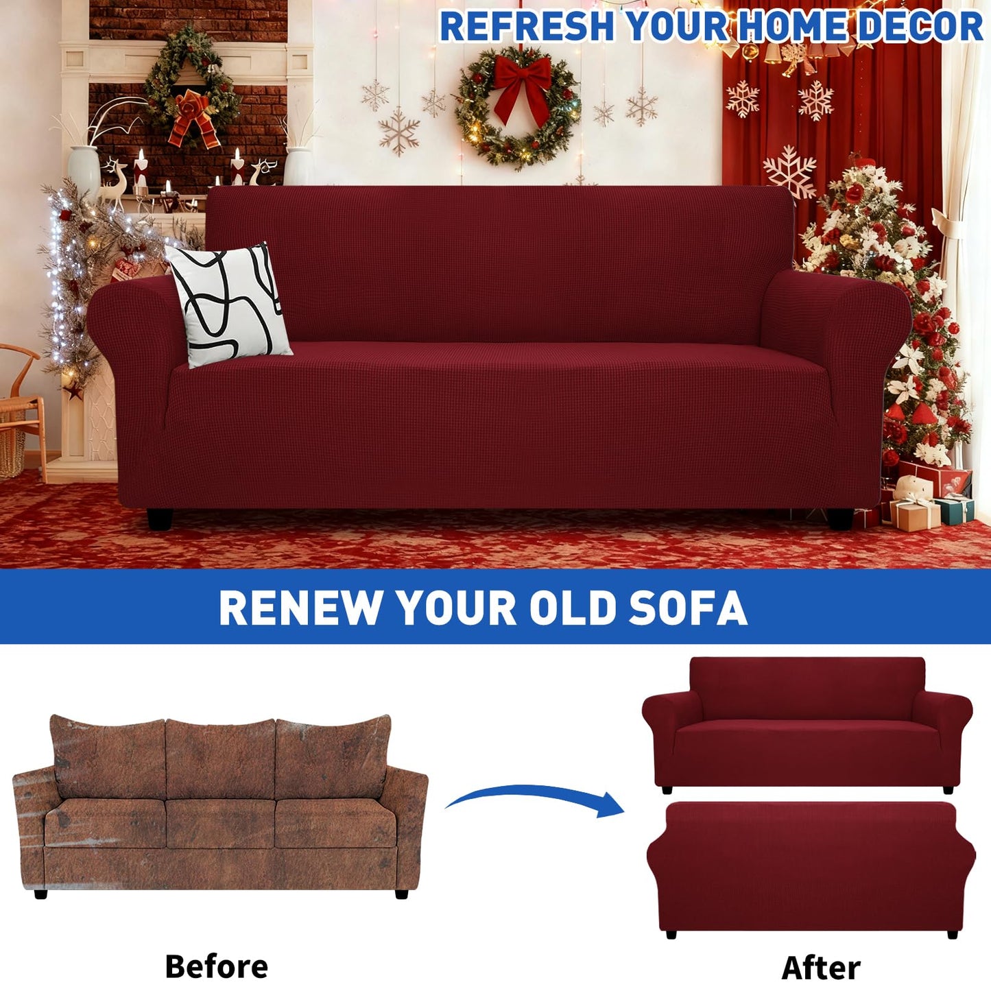 MAXIJIN Super Stretch Couch Cover for 3 Cushion Couch, 1-Piece Universal Sofa Covers Living Room Jacquard Spandex Furniture Protector Dogs Pet Friendly Fitted (Large, Wine Red)