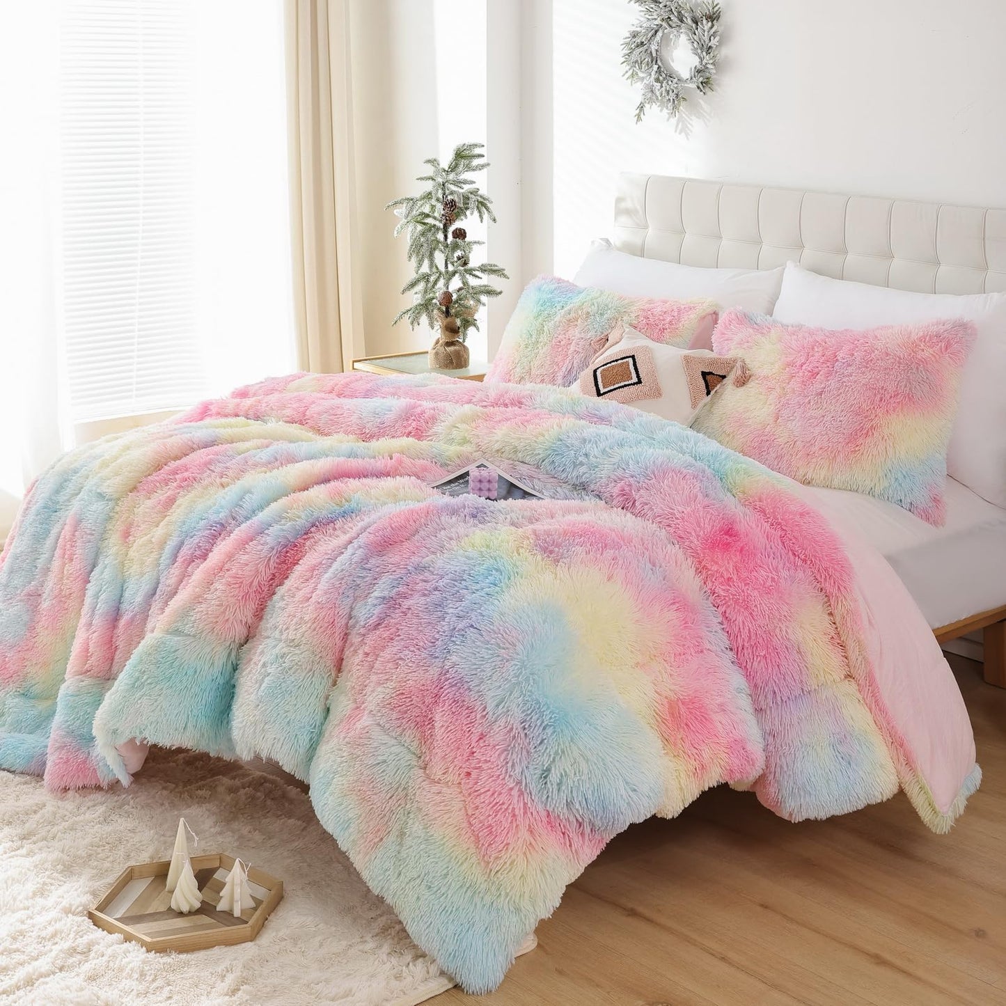 Smoofy Fluffy Queen Comforter Set, Faux Fur Rainbow Comforter Set Queen Size, Luxury Fuzzy Bedding Set, Soft Shaggy Bed Set for All Season, 3 Pieces - 1 Comforter & 2 Pillowcases