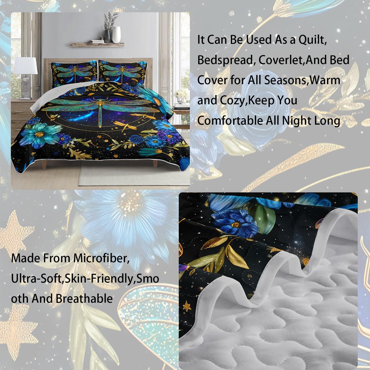 AILONEN Full Quilted Comforter Set 3 Piece, Teal Blue Dragonfly Bedspread Coverlet with 2 Pillowcases, Soft Elegant Gold Floral Quilted Bedding for Teens