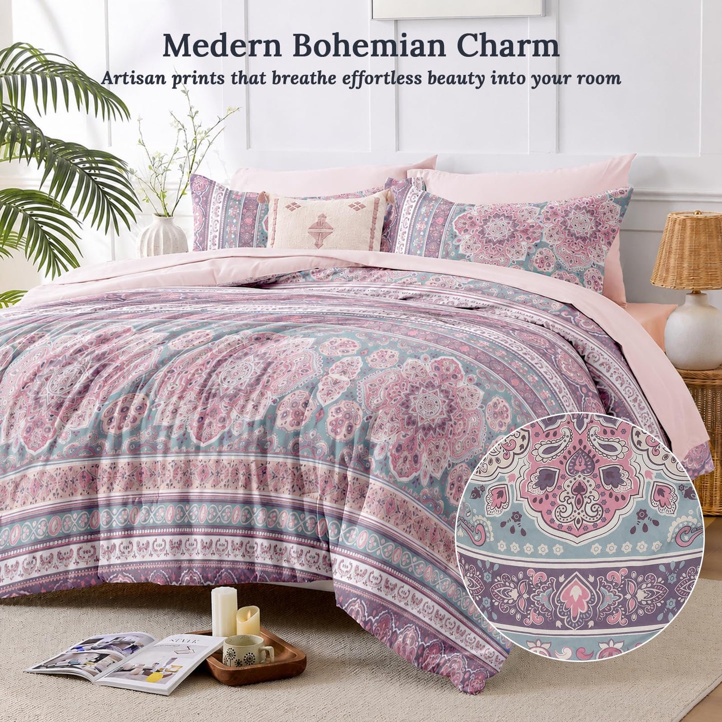 JOLLYVOGUE Queen Comforter Set 7-Piece, Bohemian Bed in a Bag, Sakura Pink