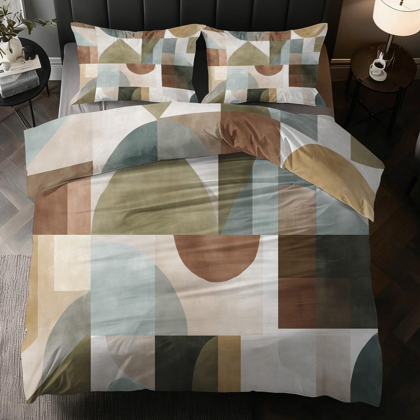 Abstract Geometric Duvet Cover Twin Size, Mid Century Modern Bedding Set 2 pcs with 1 Pillow Cover, Modern Geometry Bedroom Decor, Soft Microfiber Reversible, Zipper & Ties KJJT 108