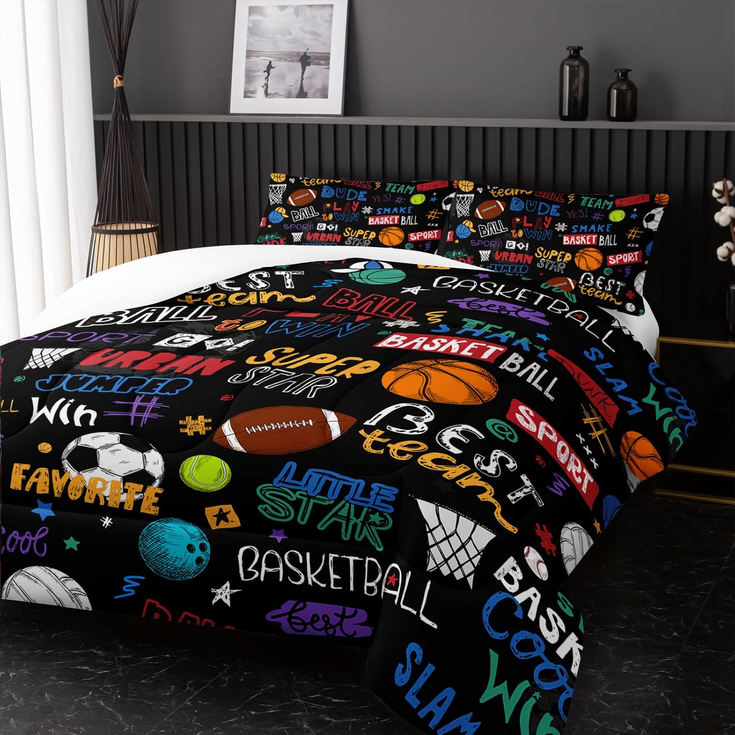 Nttopship Sports Ball Twin Comforter Set,Football Rugby Basketball Bedding Set for Kids Boys Girls Youth Ball Sports Themed Bedroom Decor Bedding Set 3 Pcs Bed in A Bag (1 Comforter, 2 Pillow Case)