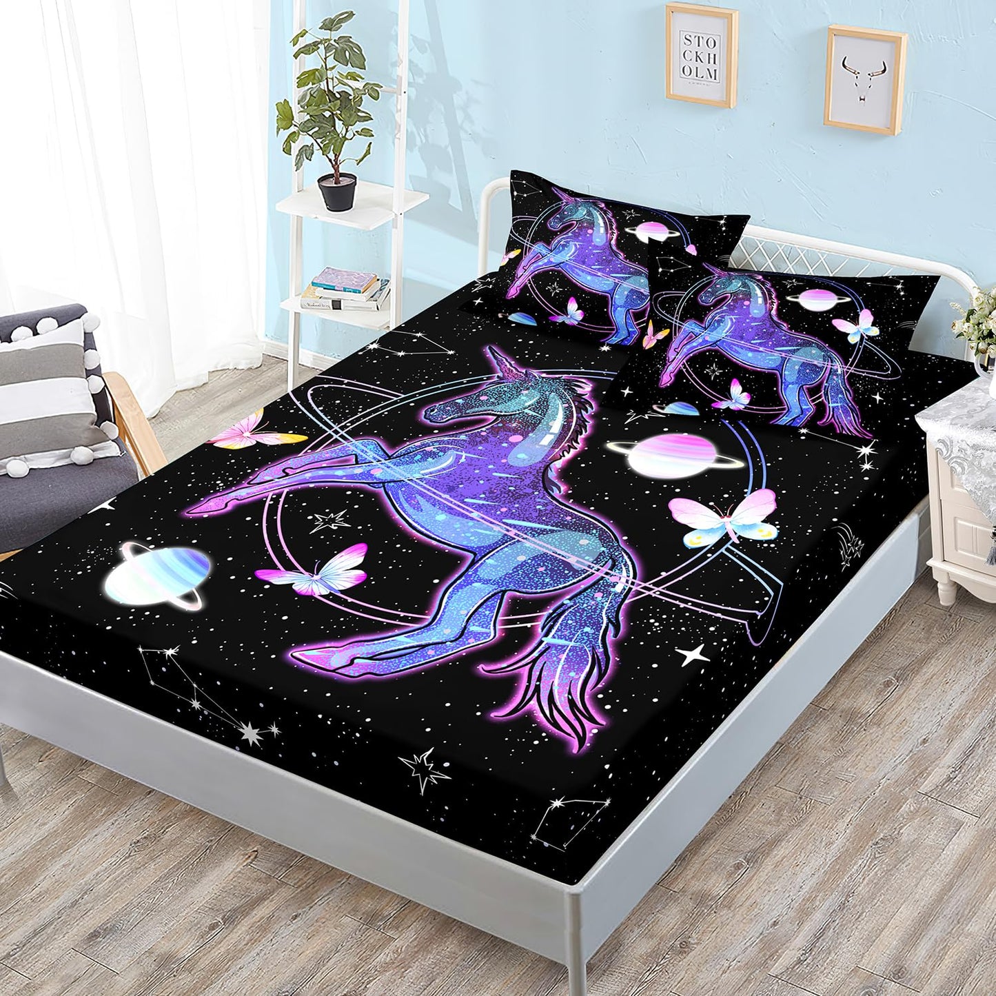 HOSIMA Unicorn Bedding Sets for Girls Kids,Butterfly Star Sky Galaxy Twin Fitted Sheet Unicorn Bedroom Decor,Black Lightweight Soft Easy Care Microfiber Bed Sheet Set with 15-inch Deep Pockets.
