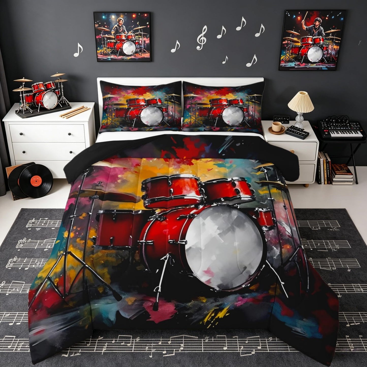 Erosebridal Drum Kit 3D Print Kids Comforter Sets Rock Music Themed Queen Bedding Set for Boys Girls Musical Pattern Comforter Set,Colorful Retro Style Quilt Duvet 3 Pcs