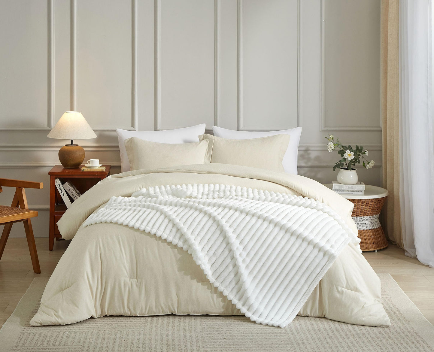 COZYXWORLD 380GSM Heavyweight Ribbed Textured Fleece Blanket, 60x80 Substantial Weight Warm Bed Blankets, Neutral Aesthetic White 60x80 Inches