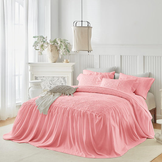 Ruffle Skirt Bedspread Set Floral Design - 30" Long Drop - Vintage Chic Ruffled Summer Bed Spreads Quilt Coverlet Boho Bedding Lightweight Luxurious Rustic 2 Piece Set Twin Size Pink