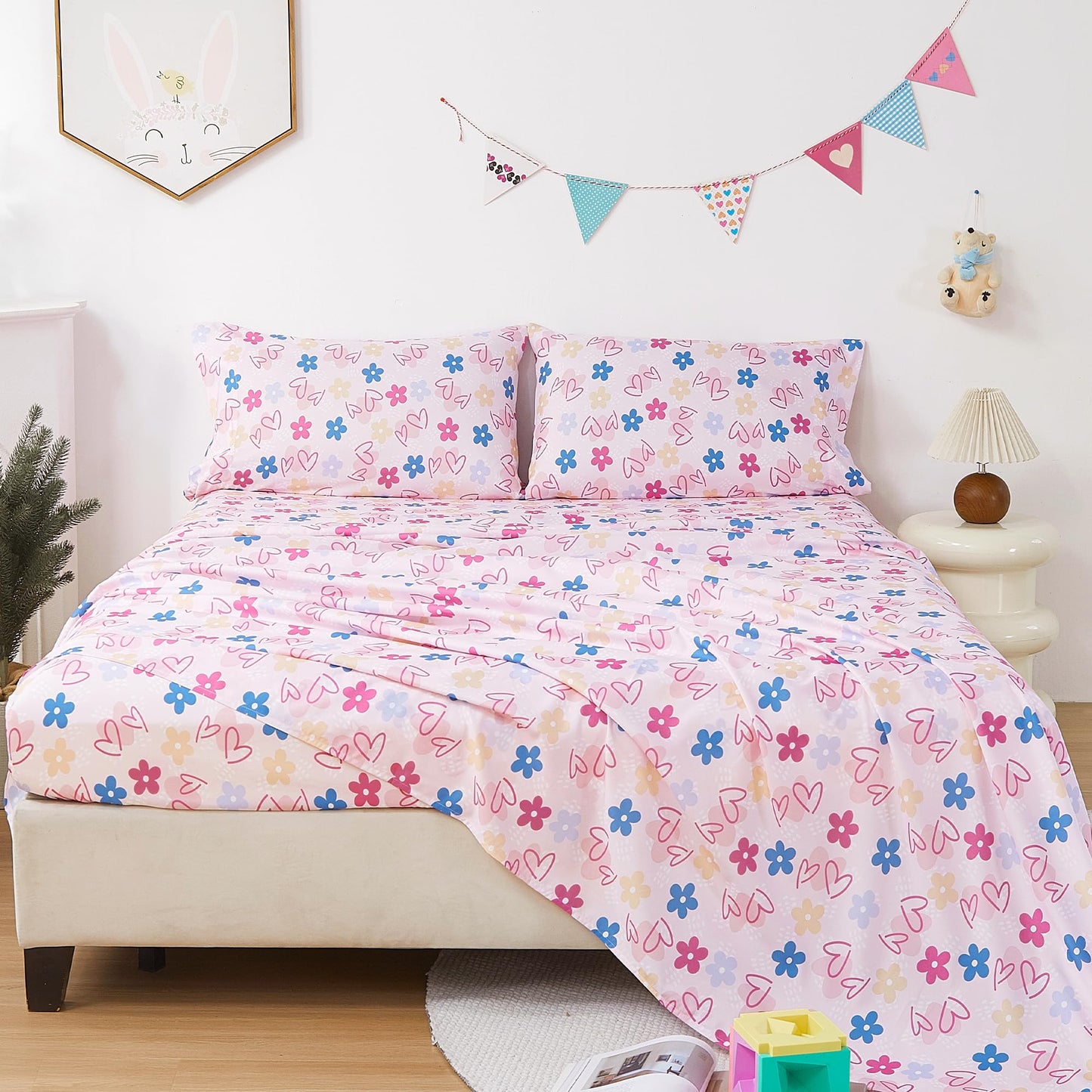 CozySmile Full Sheet Set Kids,4 Pieces Breathable Soft Microfiber Bedsheets for Child Girls, Oeko-TEX, Anti Pilling Deep Pockets Easy Care Bed Sheets, Heart