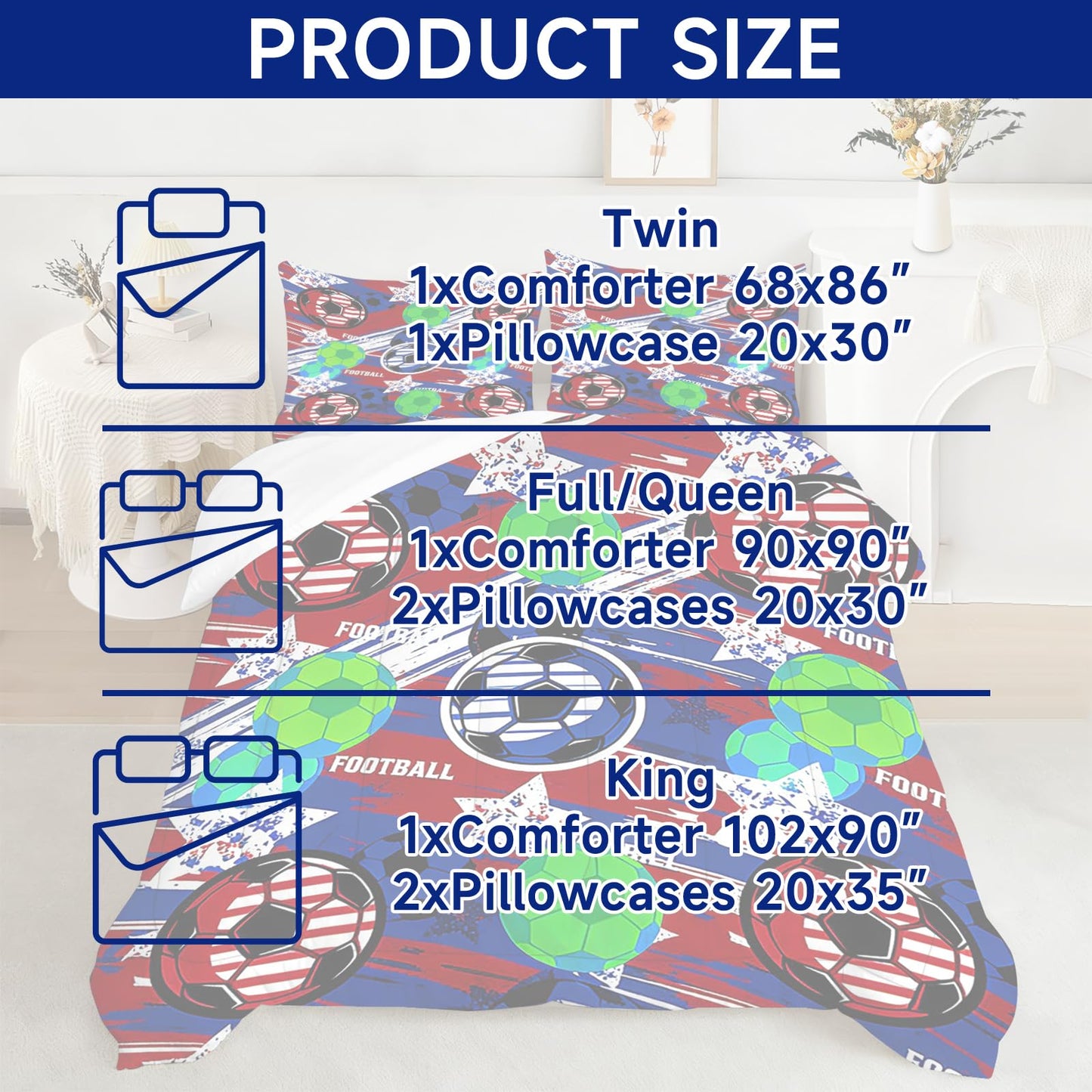 CERYUEE Soccer Comforter Set Football Bedding Set Sports Theme Red Blue Green Quilt Twin Bed Sets for Kids Teen Boys Bedroom Decor 1 Comforter+ 1 Pillowcase