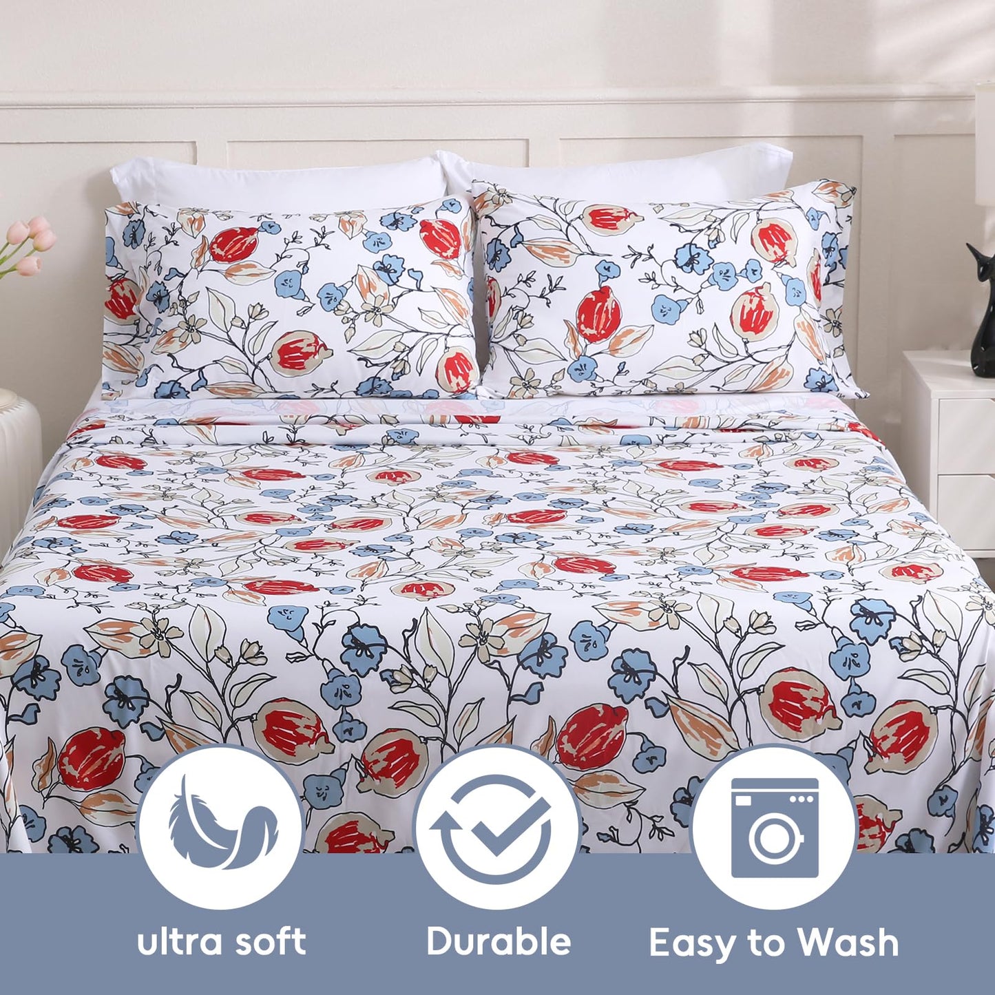 LONAVA Flower Queen Size 6 Pcs Sheet Set, Breathable Microfiber Deep Pocket White Fitted Sheets, Comfy & Breathable Patterned Flat Sheets,4 Gentle Soft Pillowcases, Red Bud