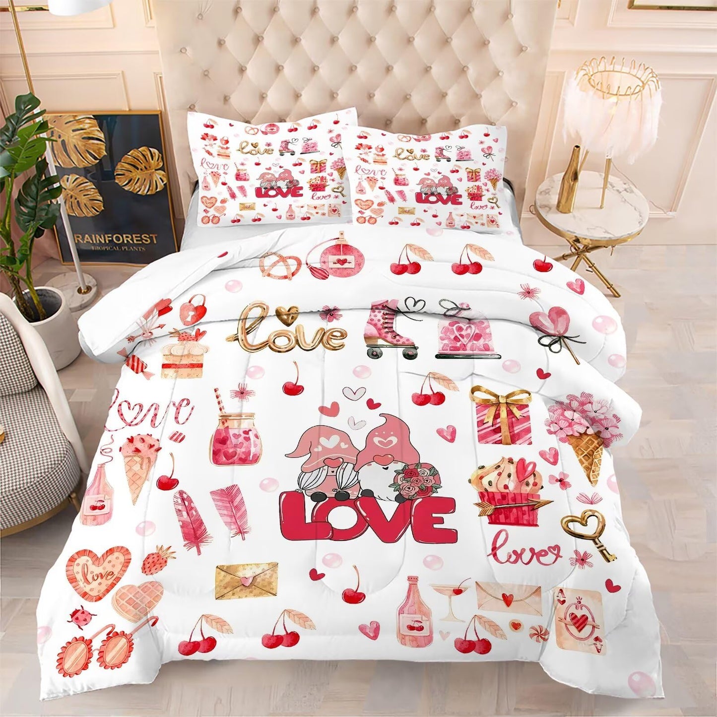 kxry Lightweight Love Comforter Sets Valentines Day Romantic King Size Bedding Set 3 Pcs with 1 Comforter and 2 Pillowcases Soft Kawaii Cartoon Comforter Heart Soft Warm Quilt