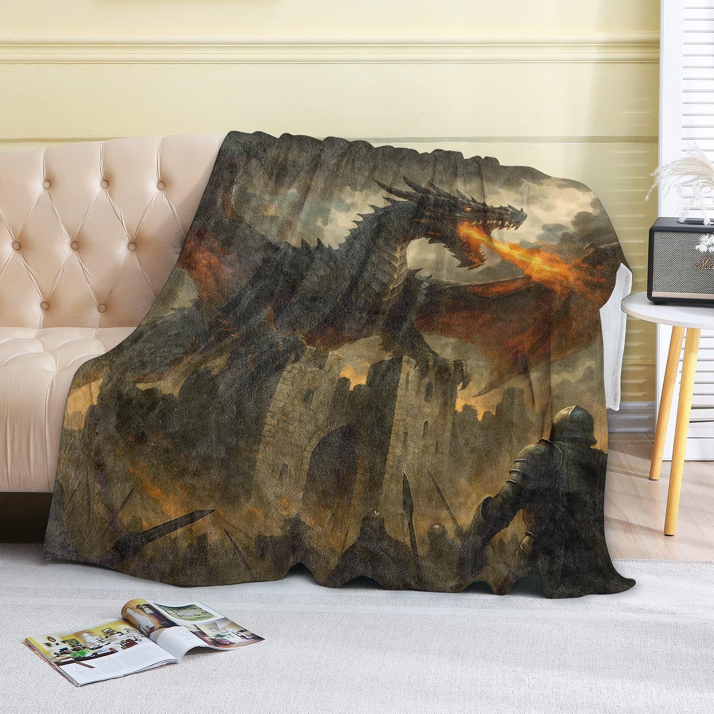 coedoaes Epic Fire Breathing Dragon Fleece Blanket,50x60in,Medieval Castle Battle Fantasy Art Throw Blankets,Soft Cozy Lightweight, Ideal for Bed Living Room Home Gothic Lovers Decor,Men Gifts