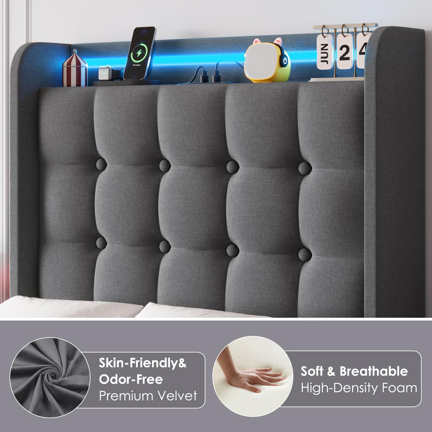 Keyluv Twin Car Bed Frame with LED Lights and Charging Station, Upholstered Platform Bed with Button Tufted Headboard and Wheels, No Box Spring Needed, Noise-Free, Easy Assembly, Fabric, Dark Grey