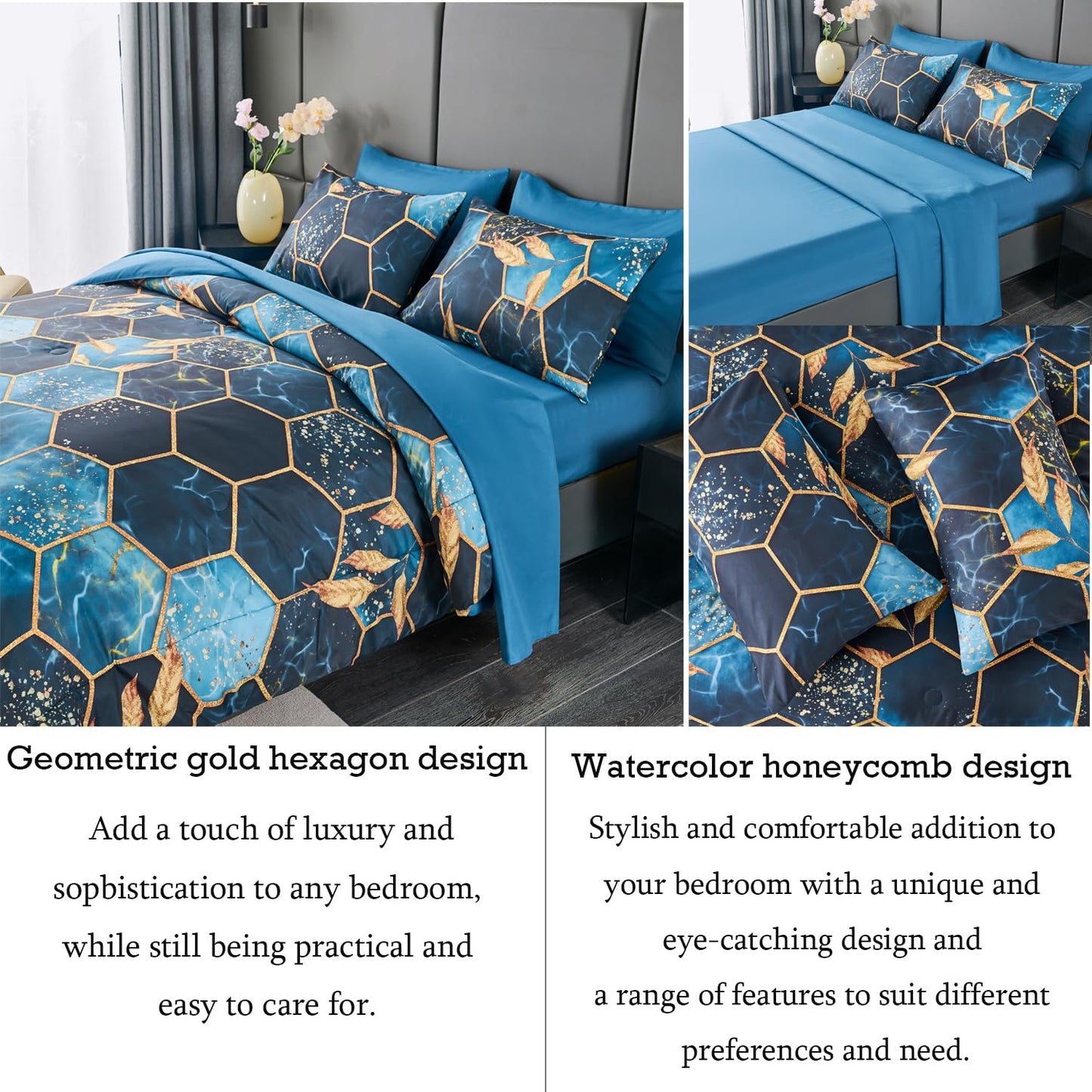 ANGIYUIN 7 Pieces Blue Gold Bed in A Bag Full Geometric Hexagon Theme Bedding Sets Gold Trim Comforter Set, Luxury Steel Blue Gold Foil Print Bed Sets with Pillowcases Sheets (Blue Full)