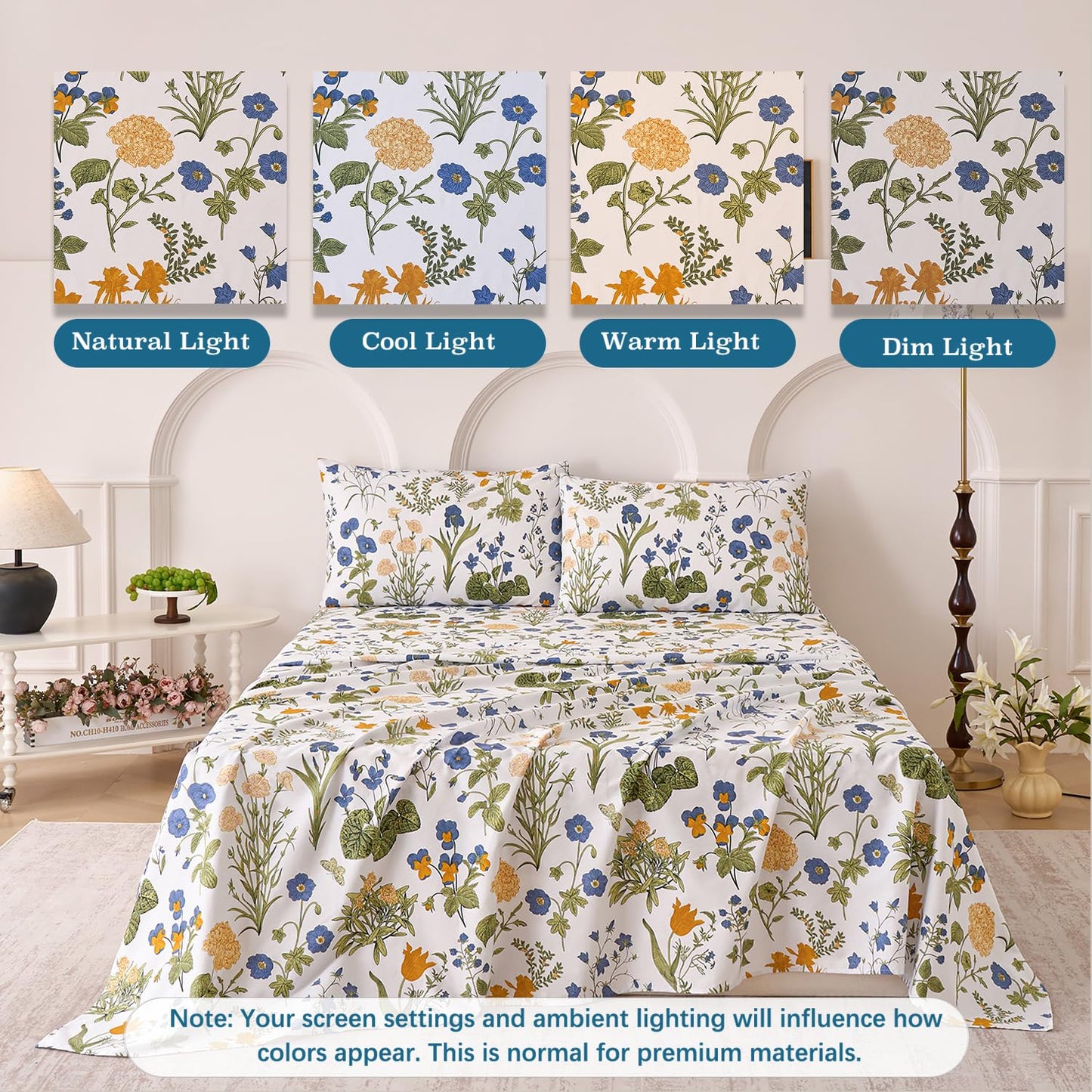 Huborise Green Floral Bed Sheets Set King Size 100% Percale Cotton Yellow & Blue Flower Printed Sheets, Soft & Breathable, Leaf Pattern Botanical Bedding Luxury Deep Pocket Fitted Sheet 17.5" 4 Pcs