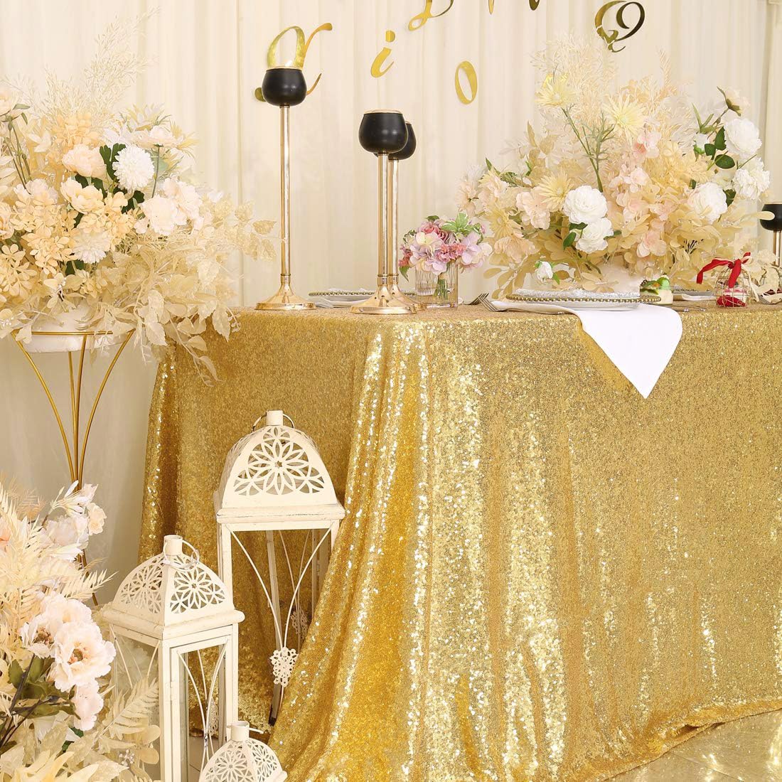 Eternal Beauty Gold Sequin Tablecloth, 50x78-Inch Rectangle Glitter Table Cloth for Mother's Day Birthday Party Wedding Decoration