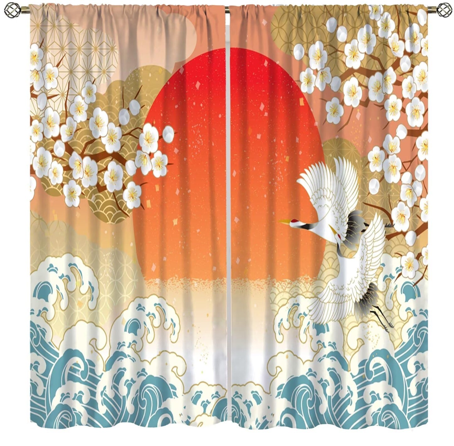 Japanese Floral Crane Curtain, Orange White Plum Blossom Flying Cranes Teal Waves Red Sunset Theme Print Decor Rod Pocket Window Drapes, for Bedroom Living Room 42" W X 45" L