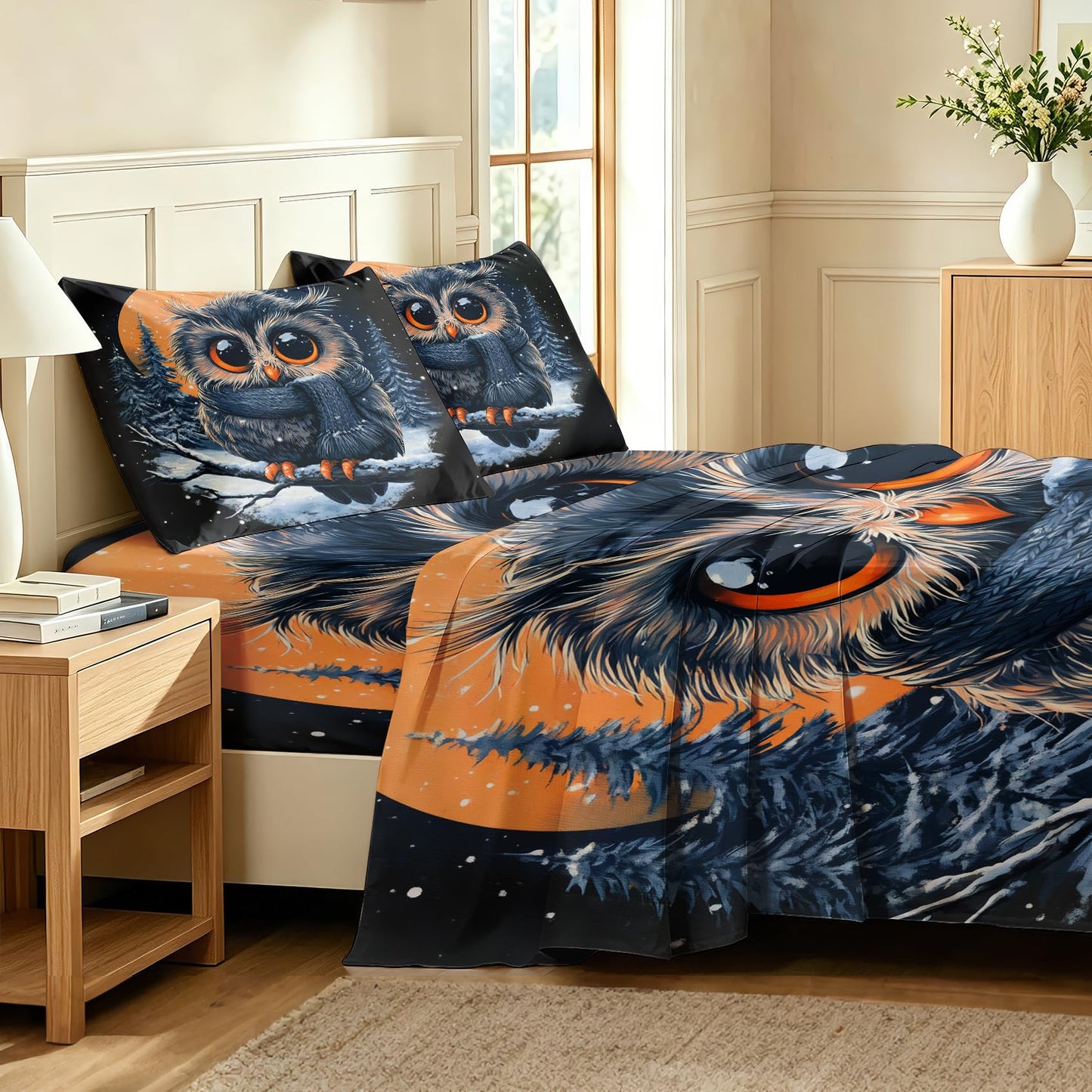 Owl Sheet Set, 4 Pcs Queen Size Kids Forest Animal Bed Sheets