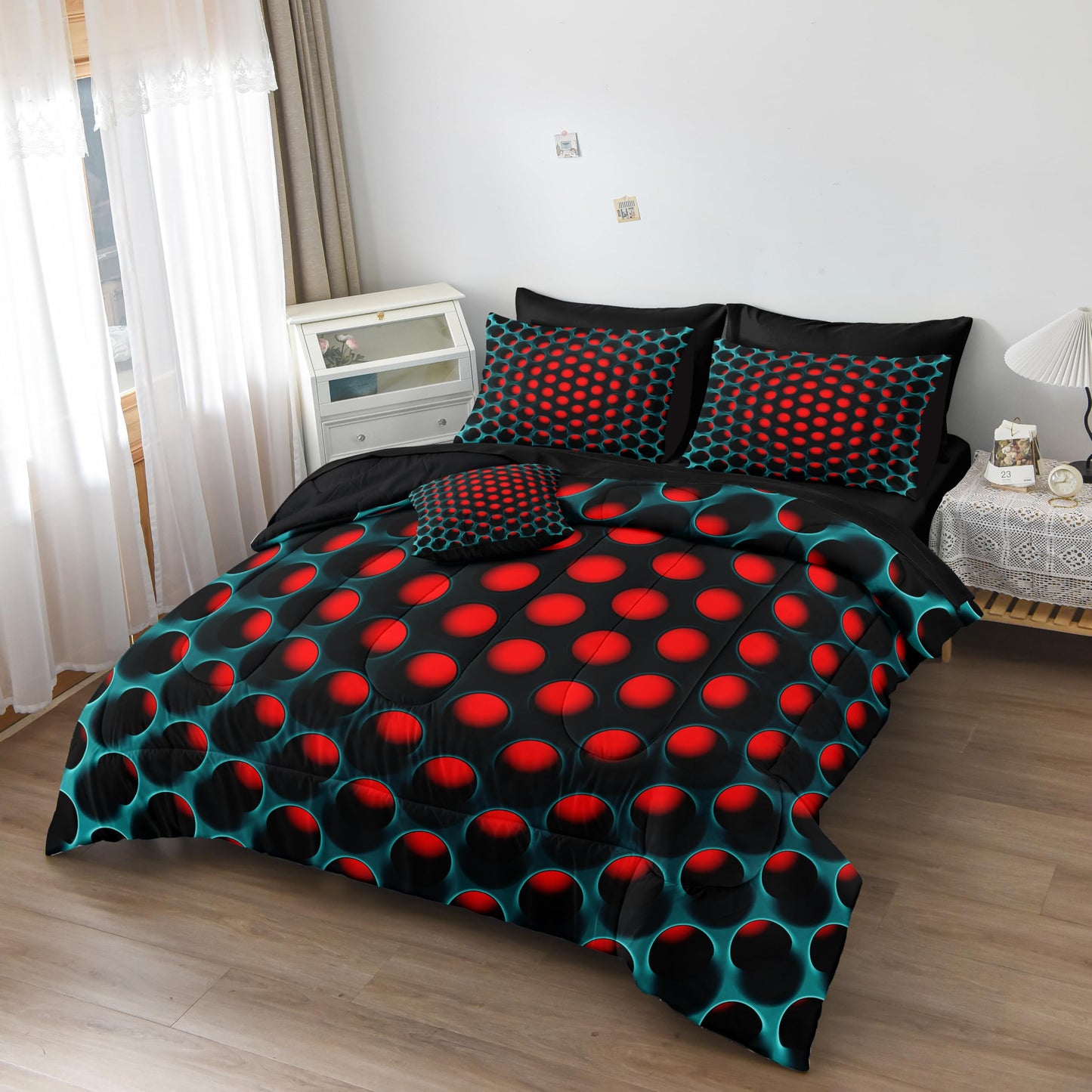 Bedbay Stereoscopic Bedding Set Red Green Honeycomb Queen Comforter Set 8 Pcs Geometric Bed Set with Sheets Colorful Neon Grid Bedding Quilt Set Soft Lightweight Queen Bed in a Bag for All Seasons