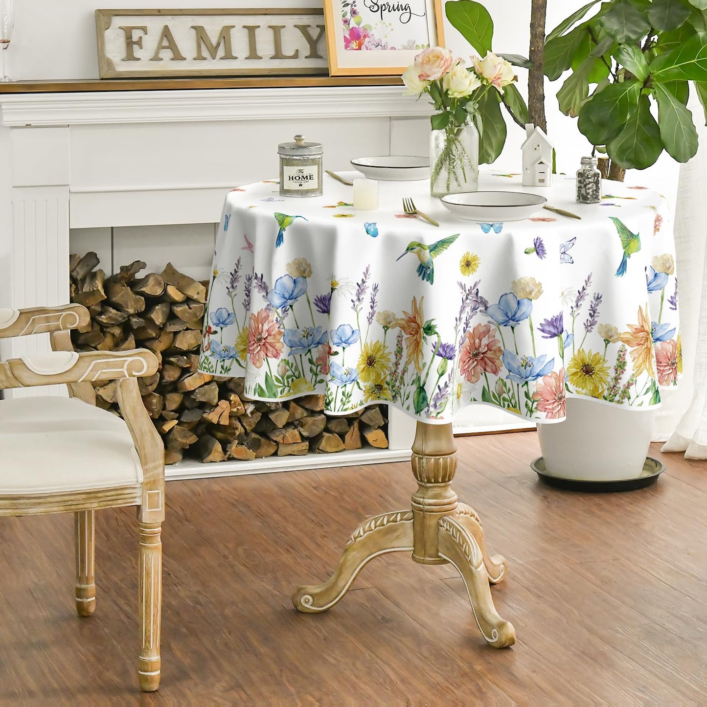 Horaldaily Spring Summer Tablecloth 60×60 Inch Round, Floral Flowers Butterfly Birds Washable Table Cover for Party Picnic Dinner Decor