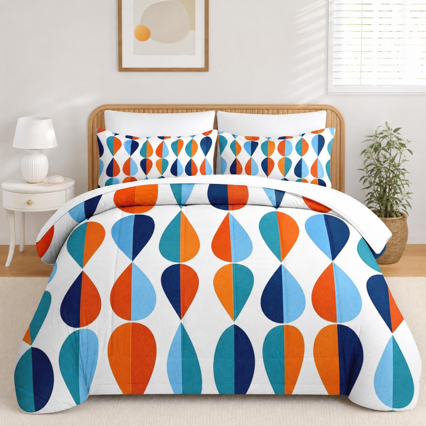 Boewywh Comforter Set Twin Size Geometric Retro Abstract 7 Pcs, Bedding for Kids and Adults, Modern Blue Bed Sheet Sets with Fitted Sheet 2 Pillowcases & 2 Shams for Bedroom Bed Decor