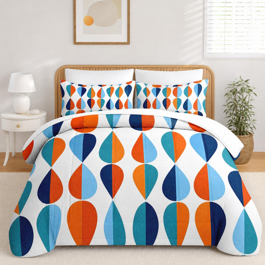 Boewywh Comforter Set Twin Size Geometric Retro Abstract 7 Pcs, Bedding for Kids and Adults, Modern Blue Bed Sheet Sets with Fitted Sheet 2 Pillowcases & 2 Shams for Bedroom Bed Decor