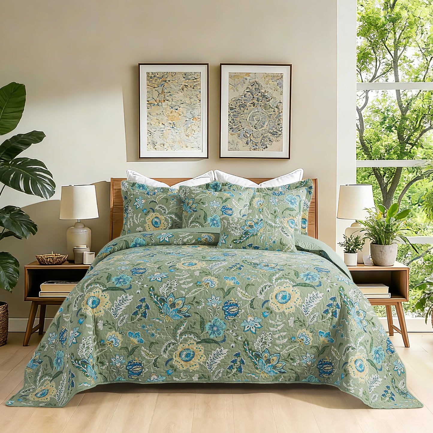 BEDIFANY Green Queen Comforter Set 3 Pieces, Cotton Queen Size Quilts for Bed, Lightweight Farmhouse Quilted Bedspread for All Season, Sage Green