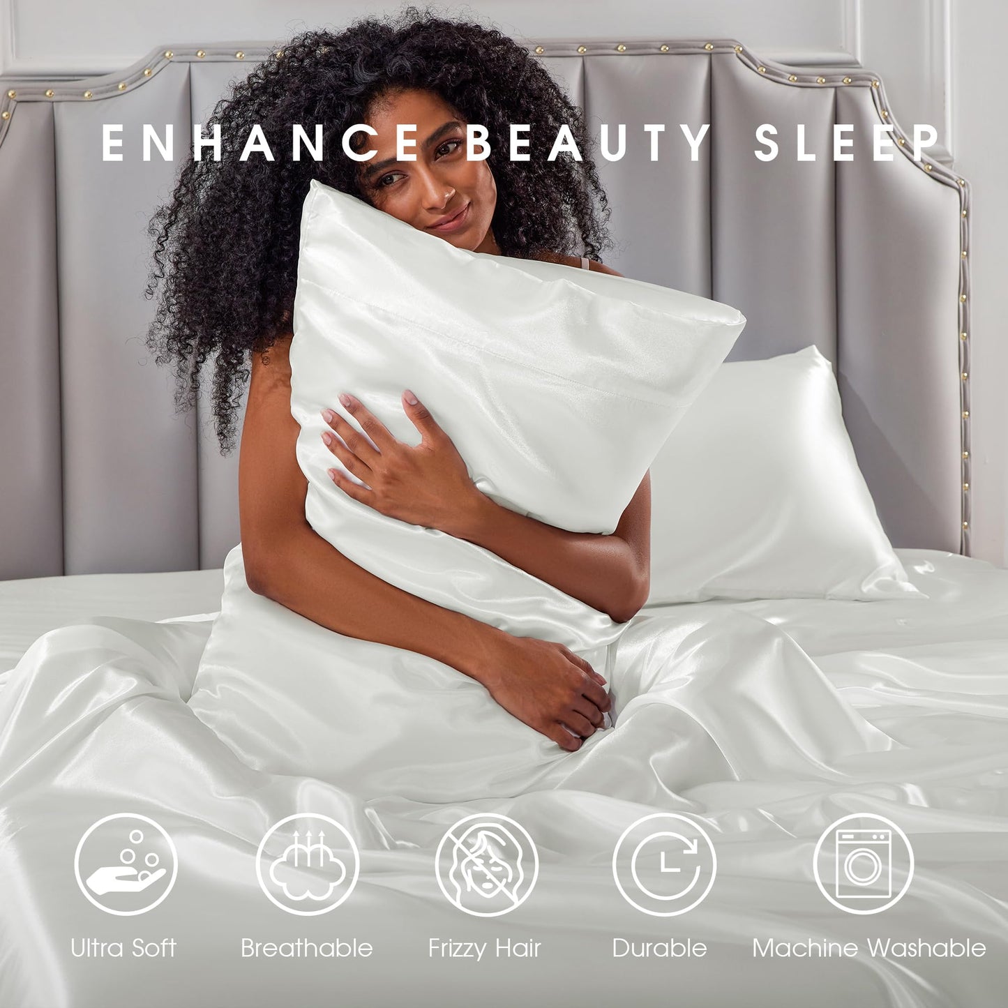 FreshCulture Satin Sheets Full Size - 4 Piece Luxury Soft Silky Full Size Bed Sheets, Similar to Silk Bed Sheet Set with 1 Deep Pocket Fitted Sheet, 1 Flat Sheet & 2 Pillowcases (Ivory White)