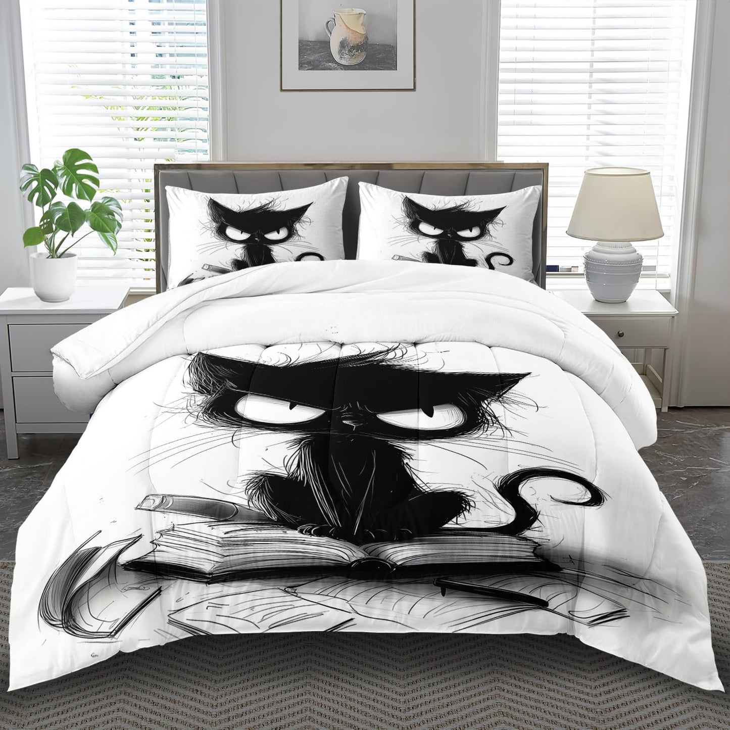 llyxsesty Cute Black Cat Comforter Set King Size Cute Pet Bedding Set Boys Girls White and Black Comforter Cartoon Cat Quilt Animal Bedroom Decor Kawaii Animal Print Bedding Boys Kids